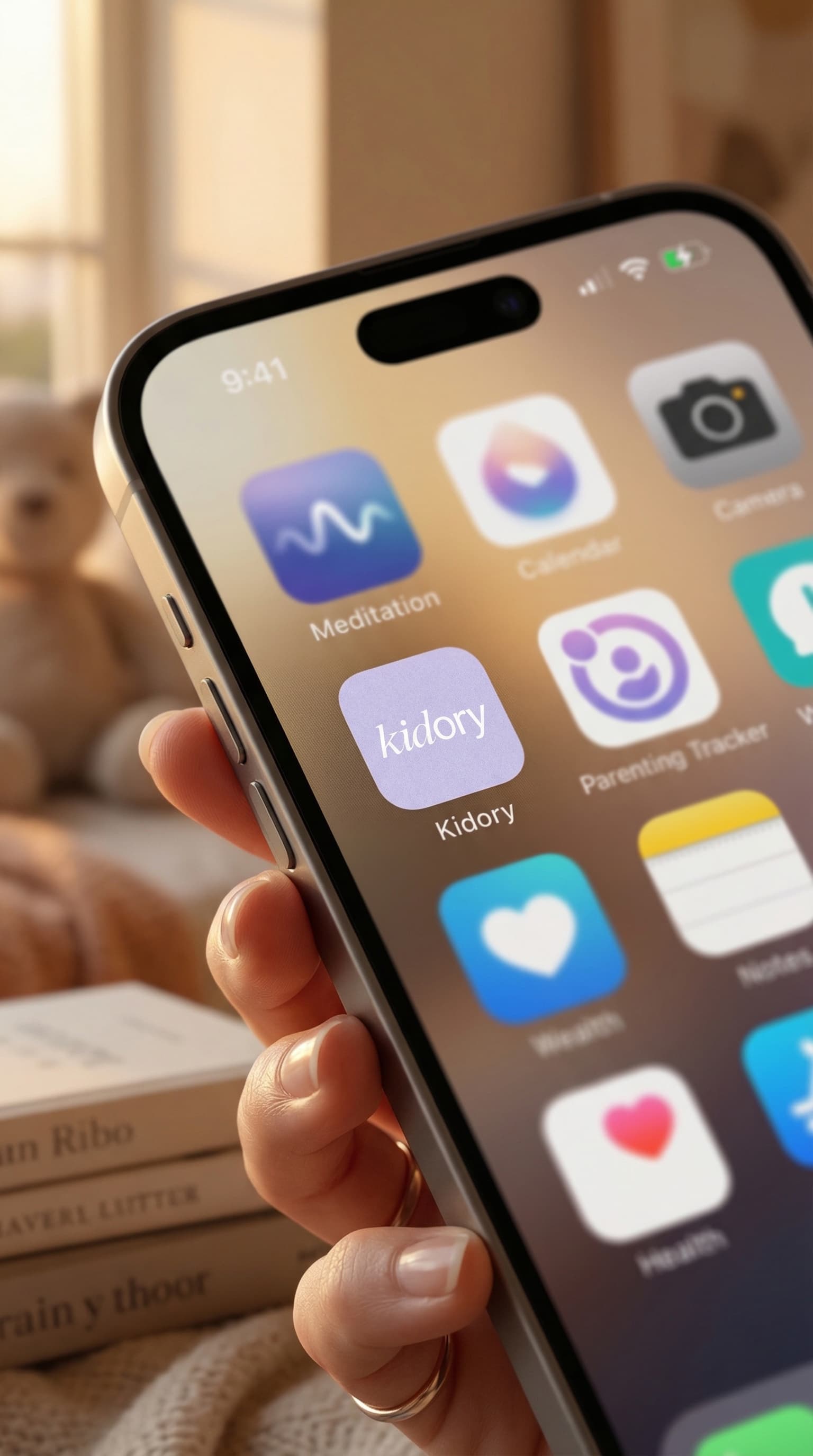 Parent holding iPhone showing the Kidory app